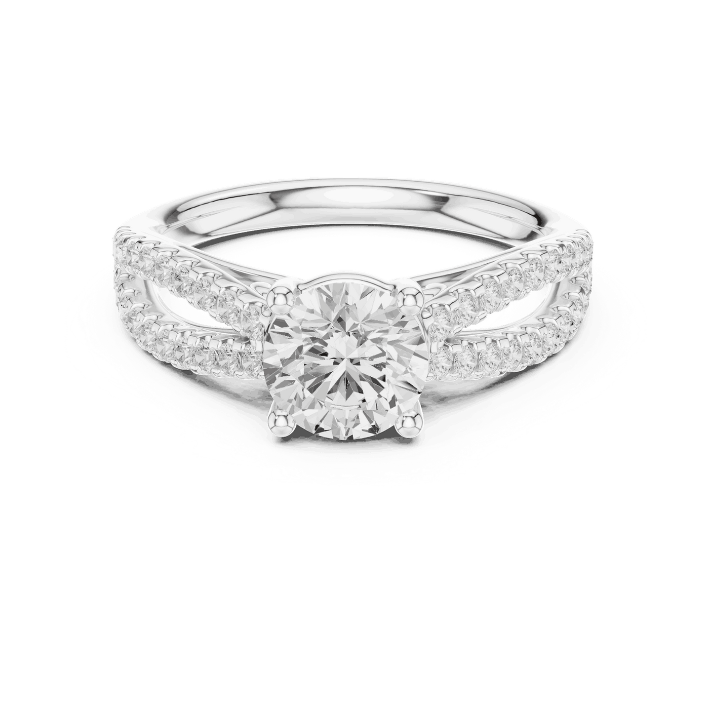 Front View: Round Brilliant Diamond Solitaire Engagement Ring with Micro-Pavé Split Shank in 18K White Gold – Lab Grown – Driona Jewels