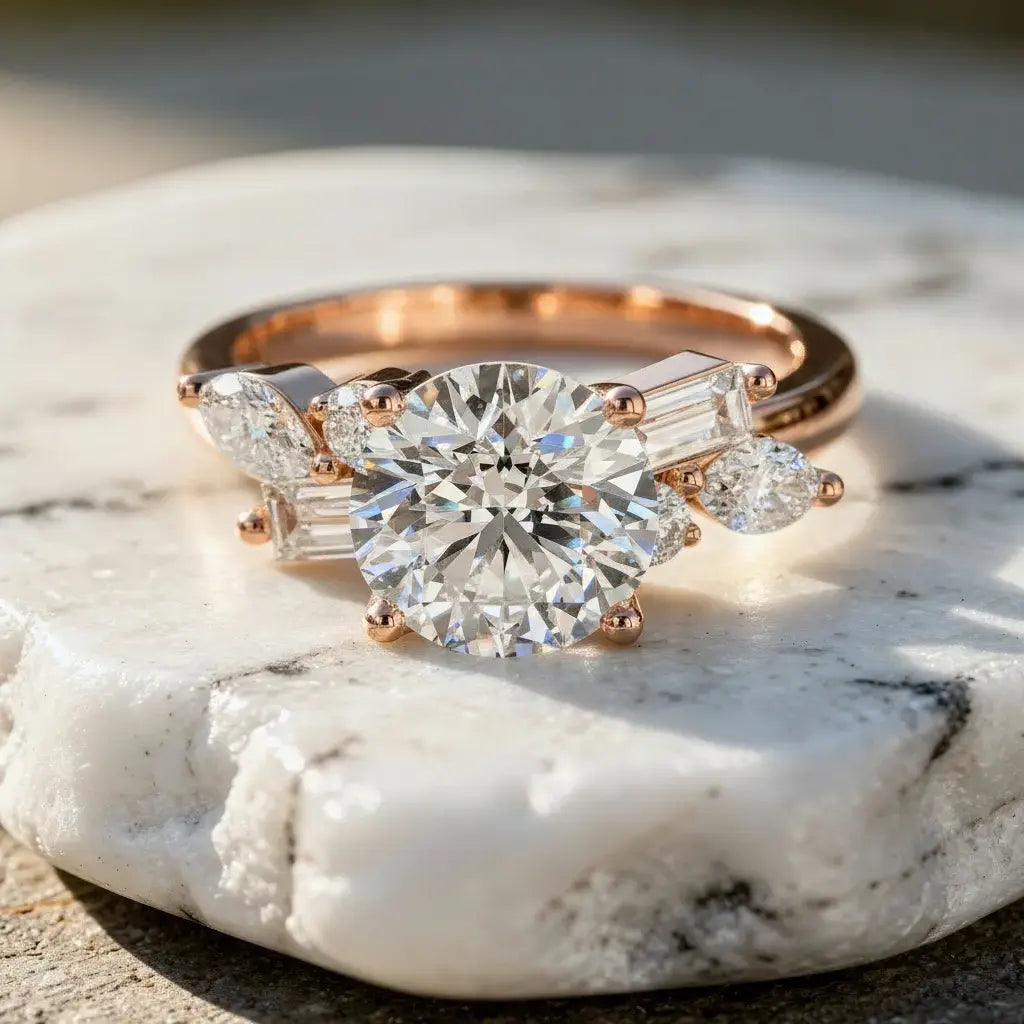 Front-view: Round Diamond Engagement Ring with Three-Stone Setting in 14k Rose Gold - Lab Grown - Driona Jewels