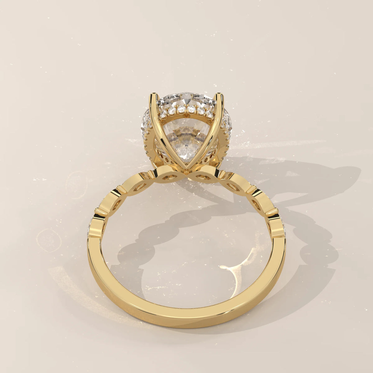 Eria 5 Carat Oval Lab Grown Diamond Ring, Bezel Marquise Band in yellow gold, shown on a plain background.