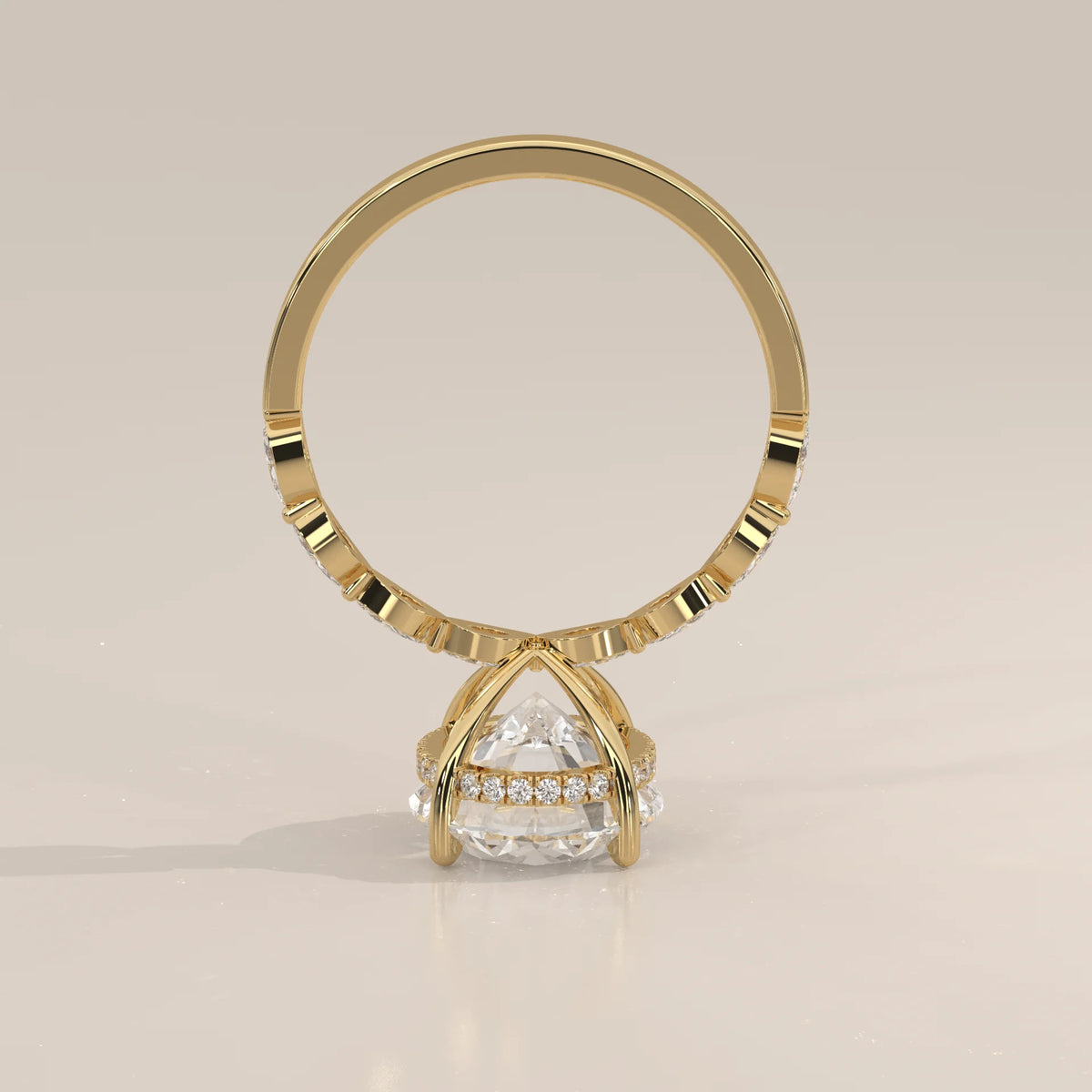Eria 5 Carat Oval Lab Grown Diamond Ring, Bezel Marquise Band in yellow gold, side profile view.