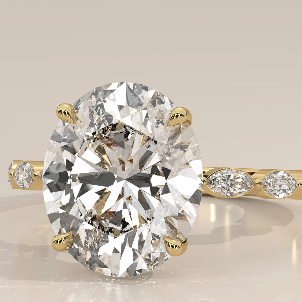 Eria 5 Carat Oval Lab Grown Diamond Ring, Bezel Marquise Band in yellow gold, photographed from the side.