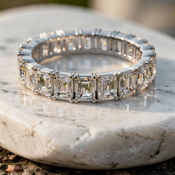 Close-up: Emerald Diamond Eternity Band with Prong Setting in 14k White Gold - Lab Grown - Driona Jewels