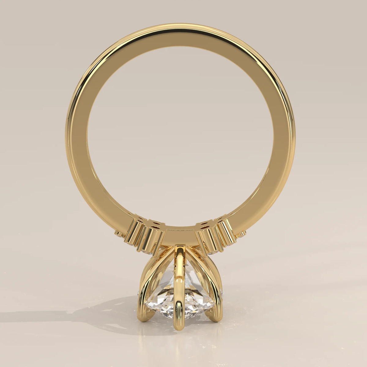 Fadie 5 Carat Marquise Lab Grown Diamond Ring, Cluster Shoulders in yellow gold, photographed from the side.