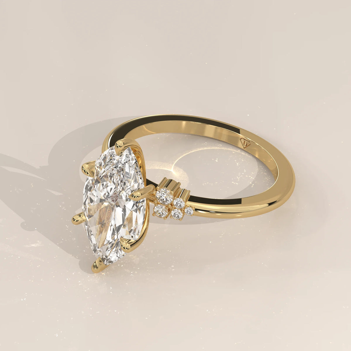 Fadie 5 Carat Marquise Lab Grown Diamond Ring, Cluster Shoulders in yellow gold, shown from the side.