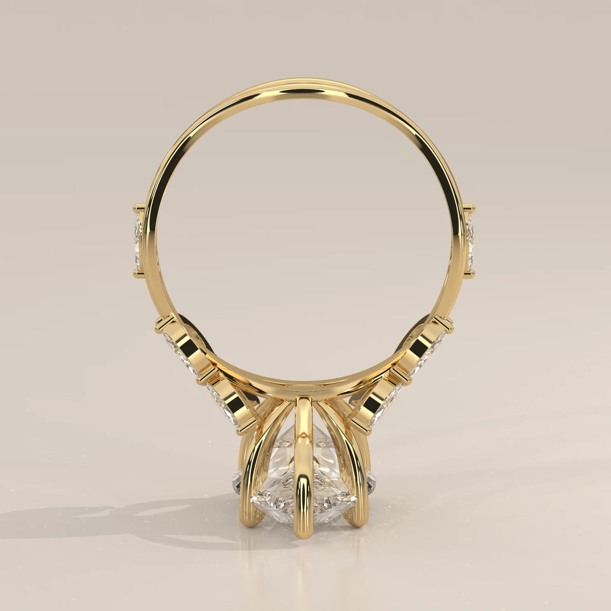 Fiana 5 Carat Pear Lab Grown Diamond Ring, Marquise Vine Band in yellow gold, side profile view.