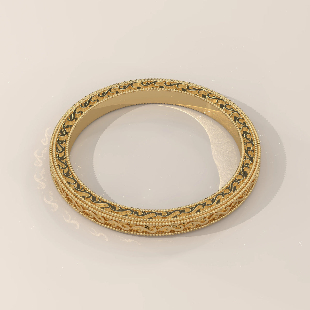 Fine Vine Engraved Slim Gold Band with Beaded Milgrain, angled view on a plain background.