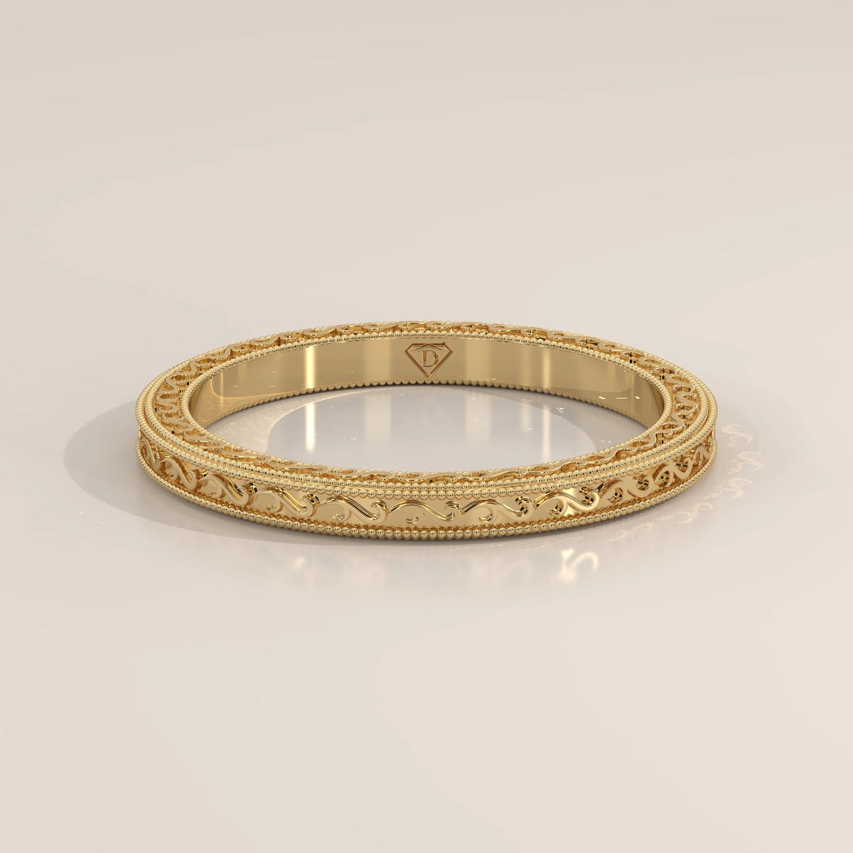 Fine Vine Engraved Slim Gold Band with Beaded Milgrain, shown at an angle.