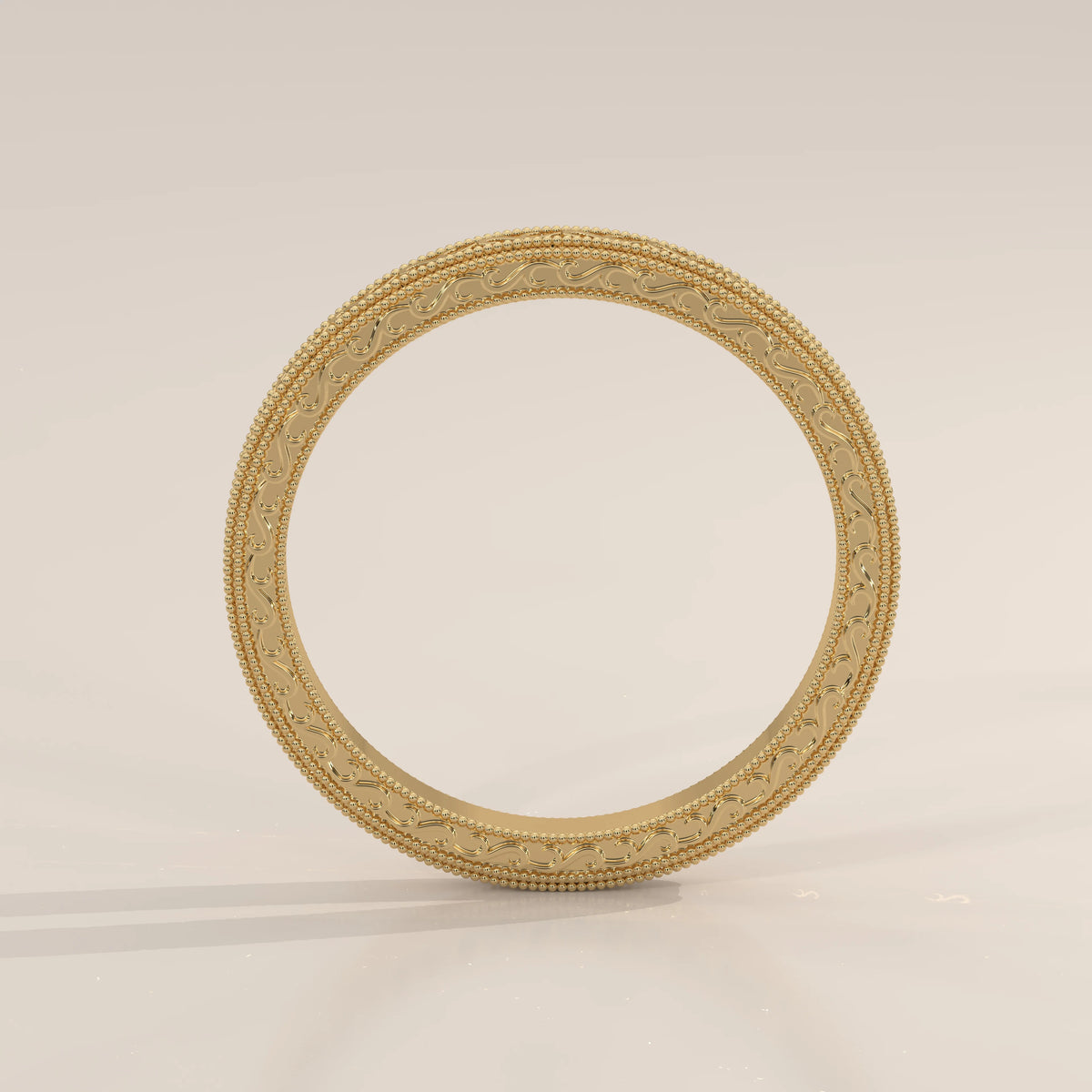 Fine Vine Engraved Slim Gold Band with Beaded Milgrain, shown from the front.