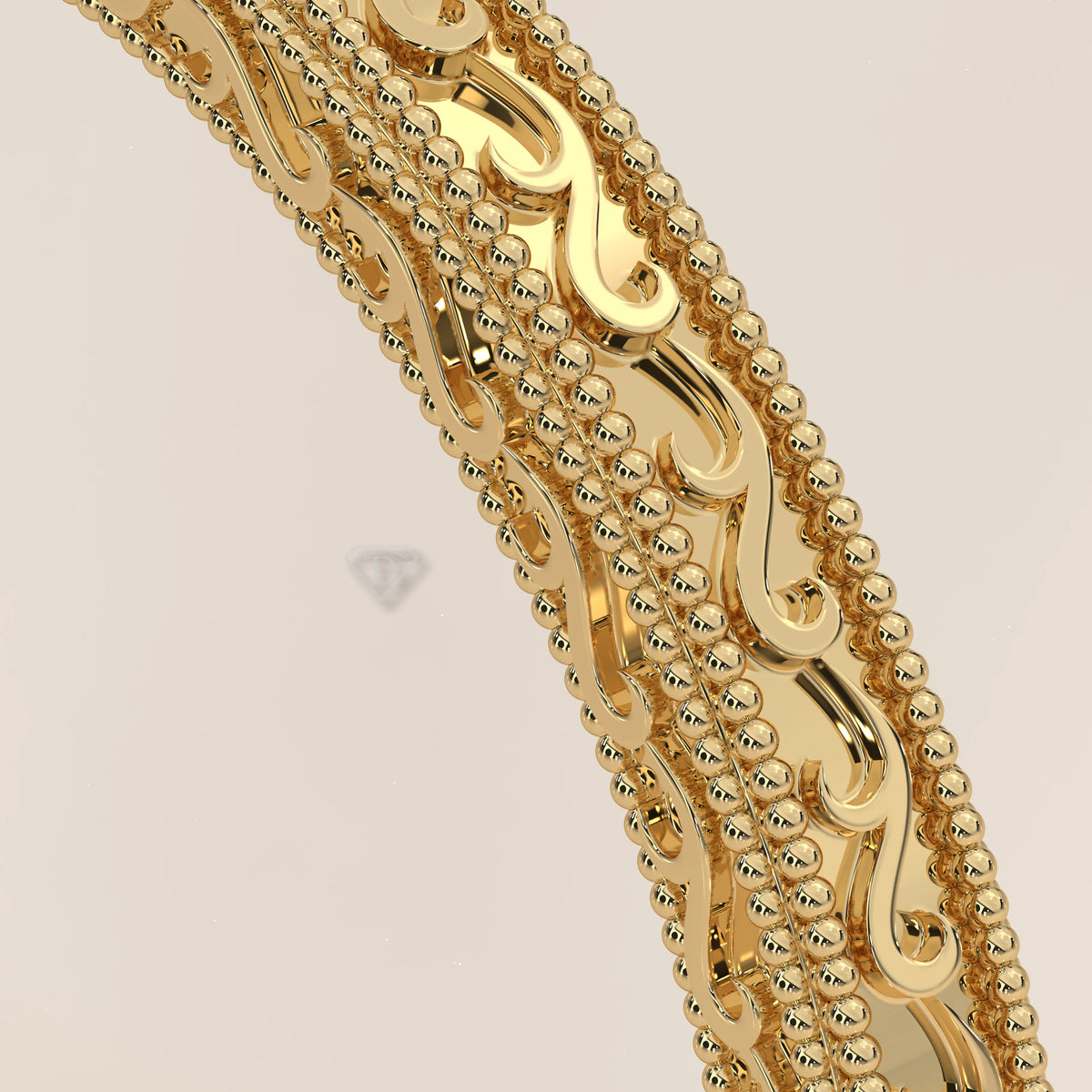 Fine Vine Engraved Slim Gold Band with Beaded Milgrain, side profile view.