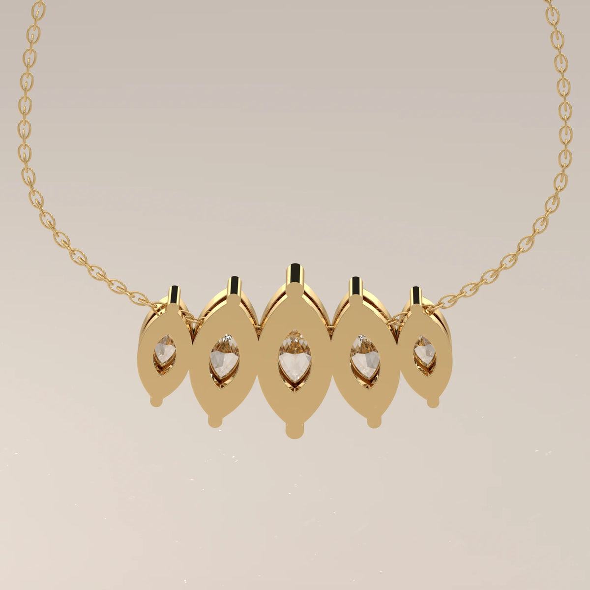 Five Graduated Marquise Lab Grown Diamond Bar Pendant in yellow gold, photographed head-on.