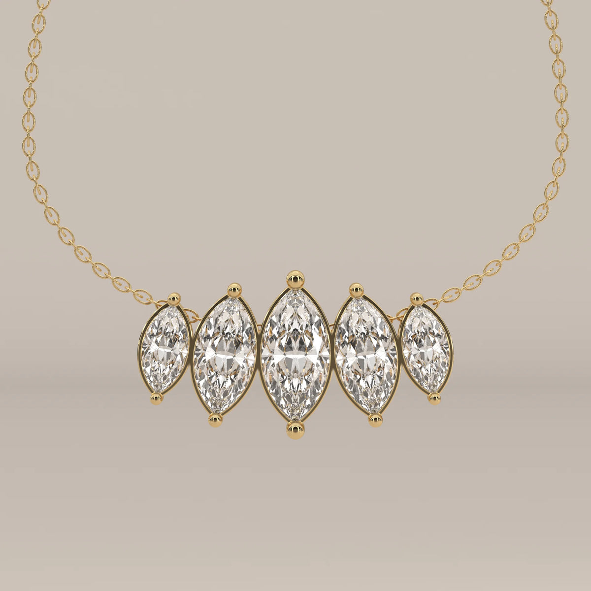 Five Graduated Marquise Lab Grown Diamond Bar Pendant in yellow gold, shown from the front.