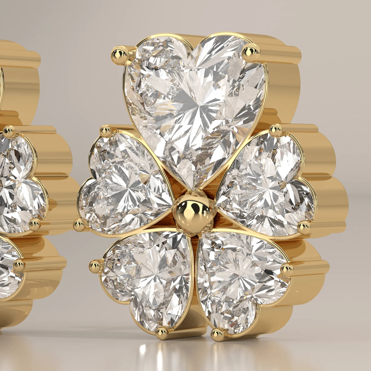 Five Heart Lab Grown Diamond Flower Stud Earrings with Gold Bead in yellow gold, front view on a plain background.