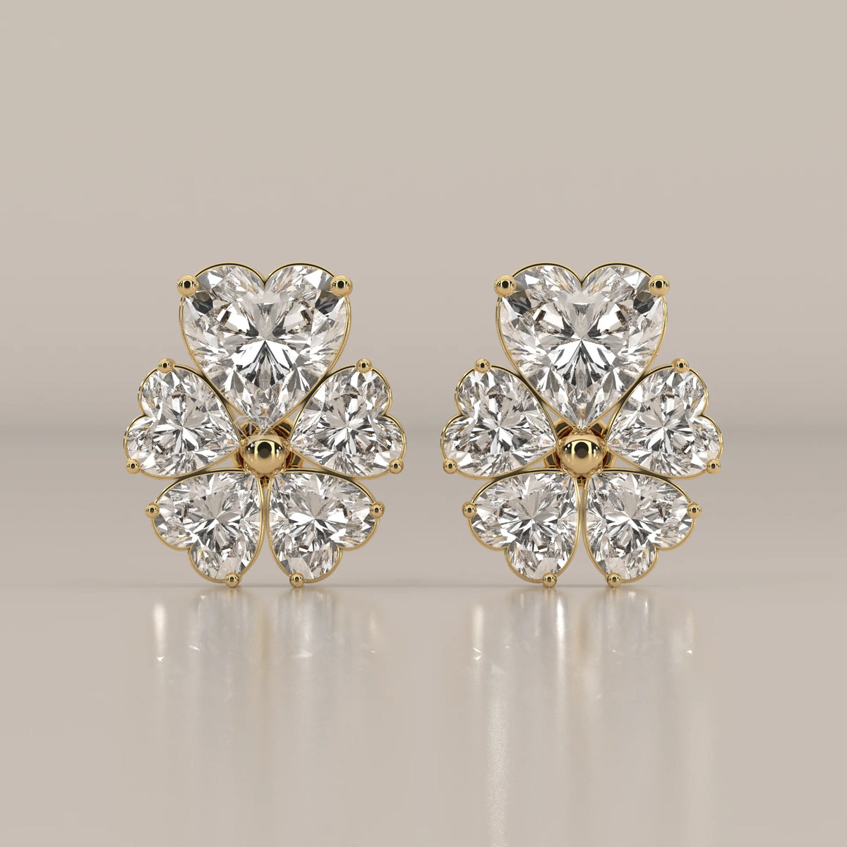 Five Heart Lab Grown Diamond Flower Stud Earrings with Gold Bead in yellow gold, shown from the front.