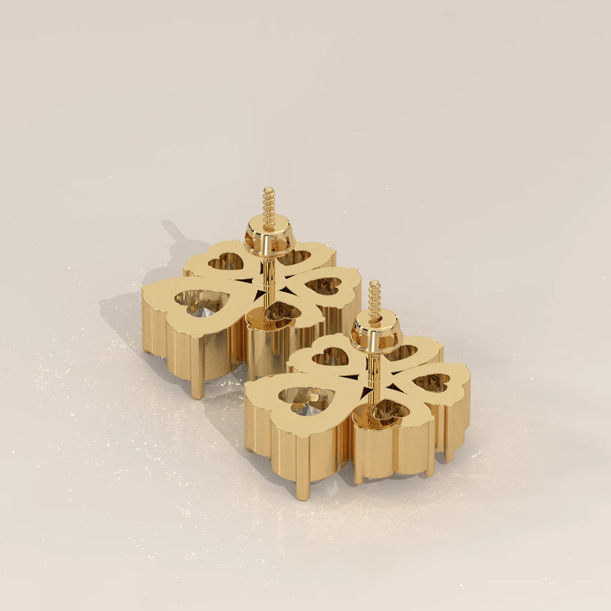 Five Heart Lab Grown Diamond Flower Stud Earrings with Gold Bead in yellow gold, side profile view.