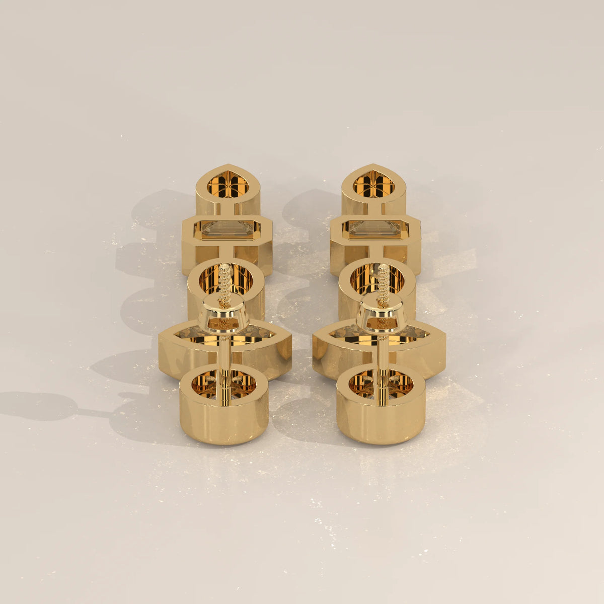 Five Shape Bezel Lab Grown Diamond Linear Drop Earrings in yellow gold, further view on a plain background.