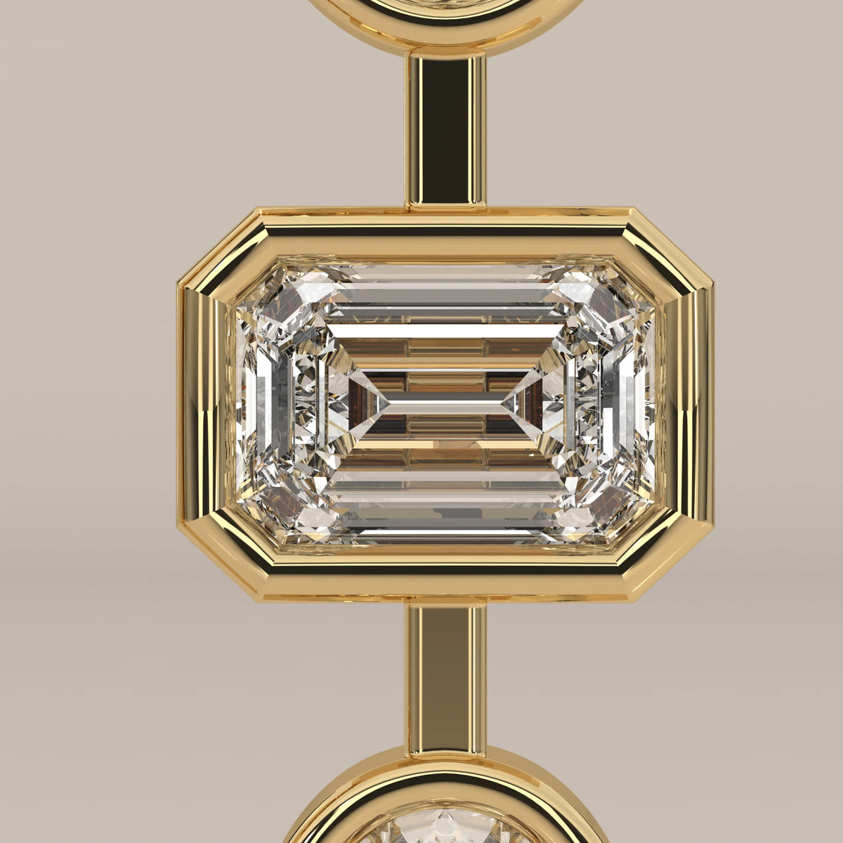 Five Shape Bezel Lab Grown Diamond Linear Drop Earrings in yellow gold, shown on a plain background.