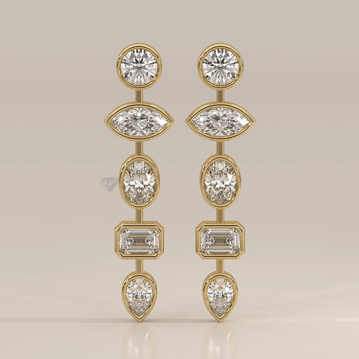 Five Shape Bezel Lab Grown Diamond Linear Drop Earrings in yellow gold, shown from the front.