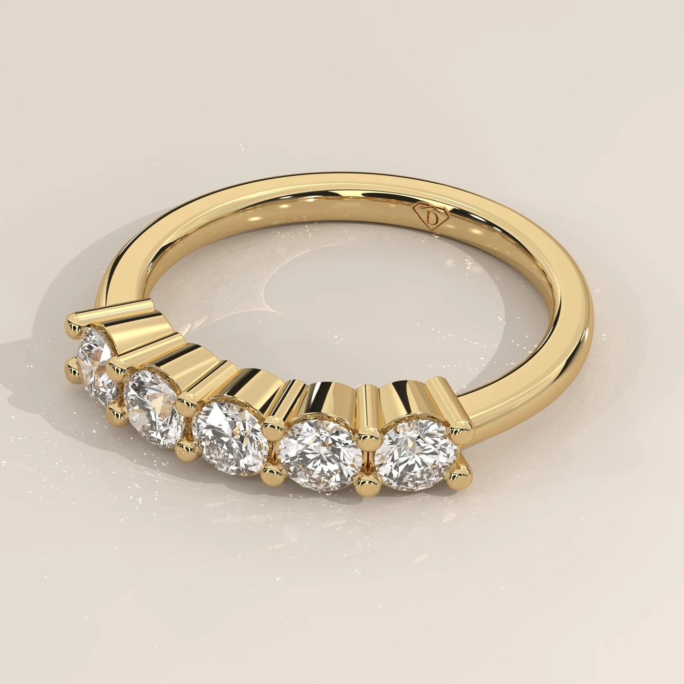 Angle View: Round Diamond Band with Shared Prong Setting in Yellow Gold – Lab Grown – Driona Jewels