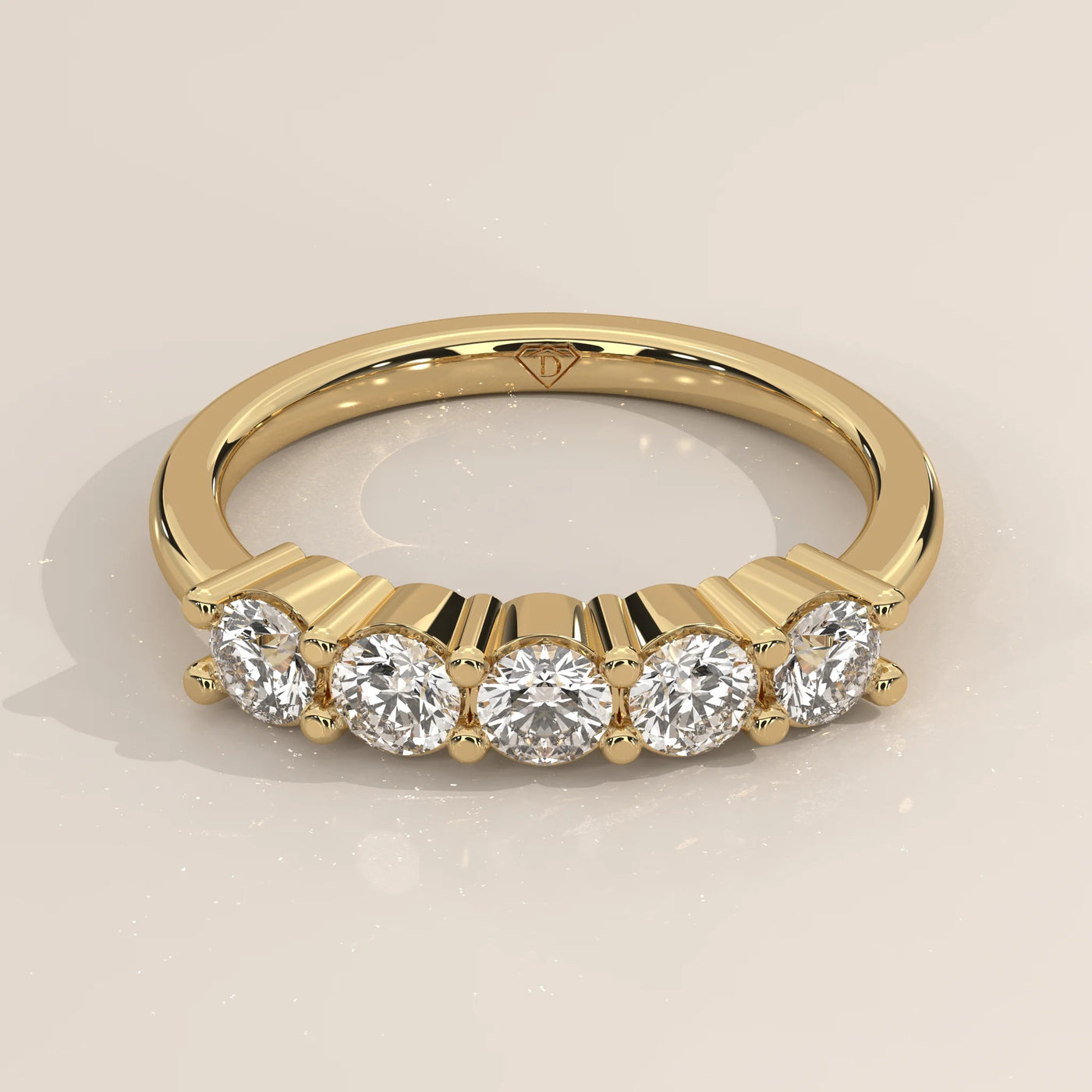 Three-Quarter View: Round Diamond Band with Shared Prong Setting in Yellow Gold – Lab Grown – Driona Jewels