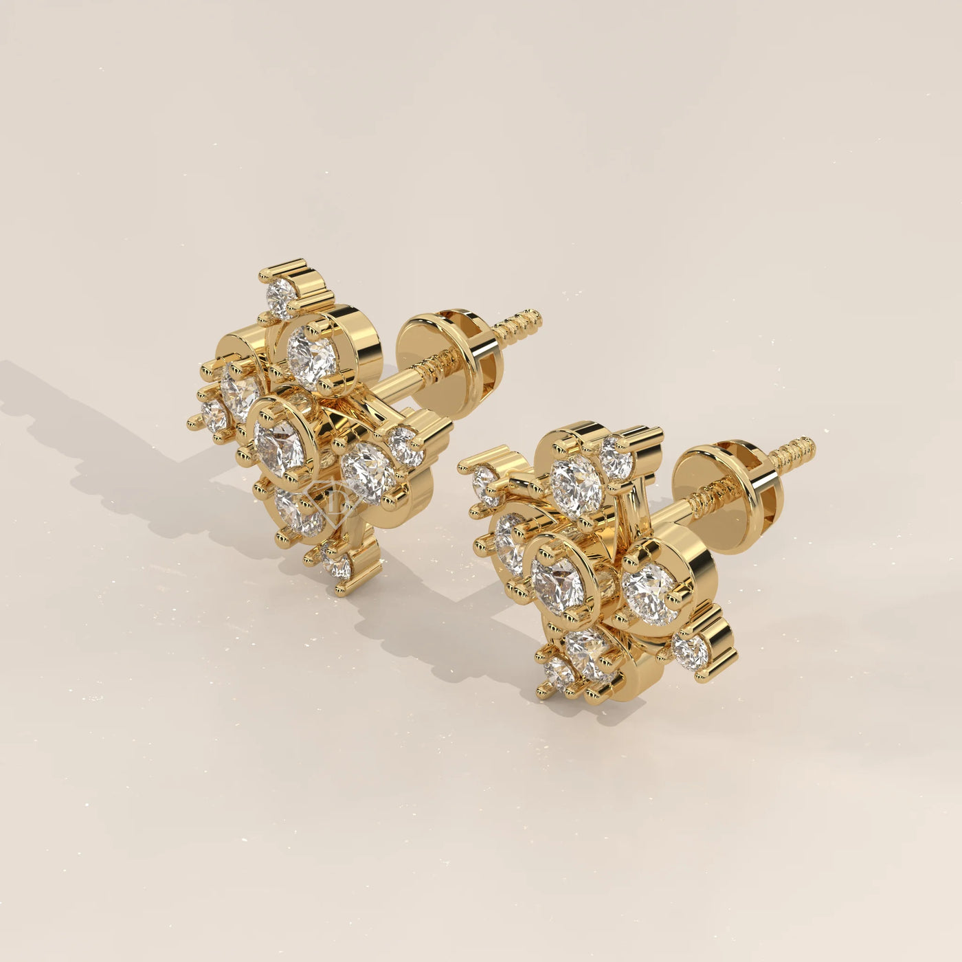 Three-Quarter View: Round Diamond Stud Earrings with Cluster Setting in Yellow Gold – Lab Grown – Driona Jewels