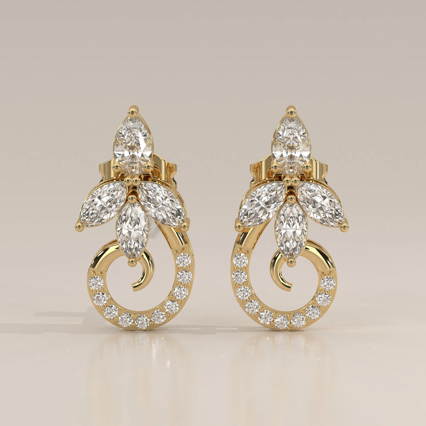 Front View: Round Diamond Drop Earrings with Cluster Setting in Yellow Gold – Lab Grown – Driona Jewels