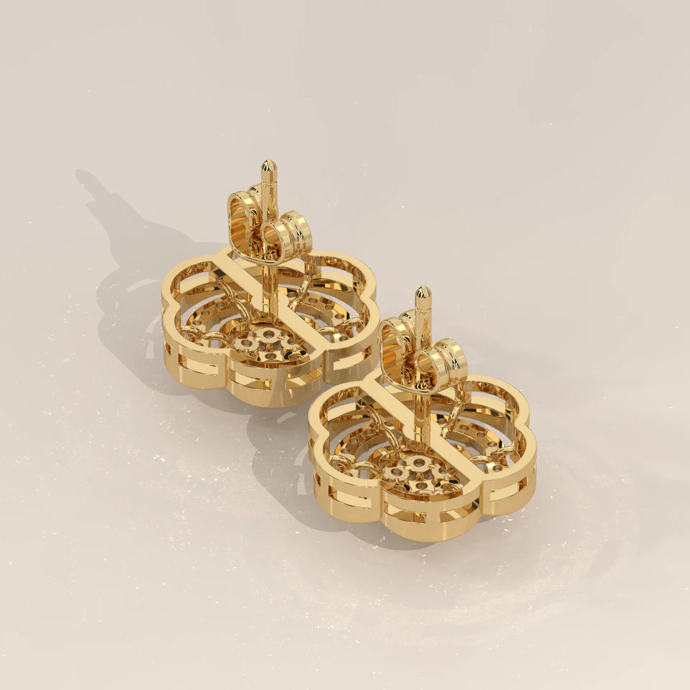 Angle View: Round Diamond Stud Earrings with Openwork Setting in Yellow Gold – Lab Grown – Driona Jewels