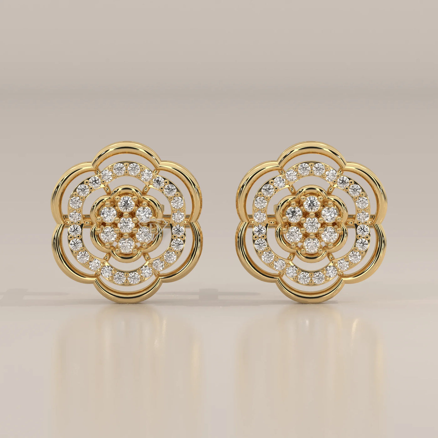 Front View: Round Diamond Stud Earrings with Openwork Setting in Yellow Gold – Lab Grown – Driona Jewels