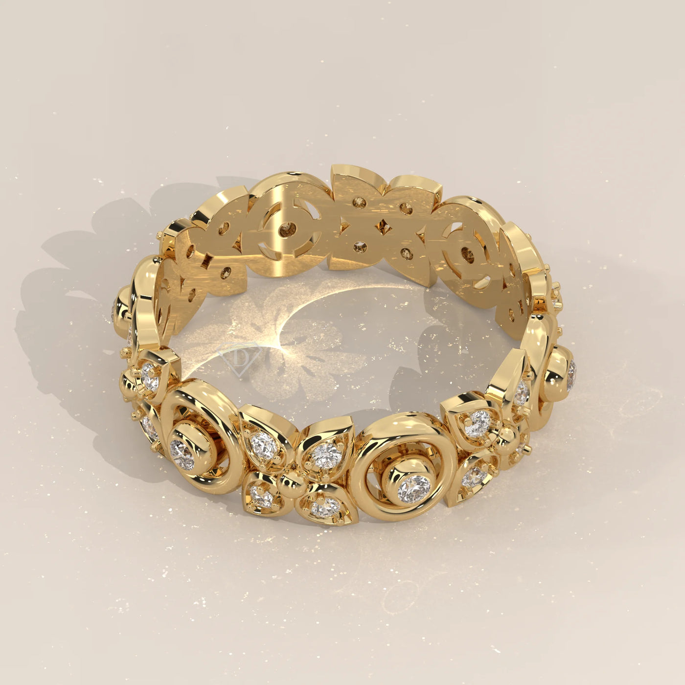 Angle View: Round Diamond Statement Ring with Filigree Setting in Yellow Gold – Lab Grown – Driona Jewels
