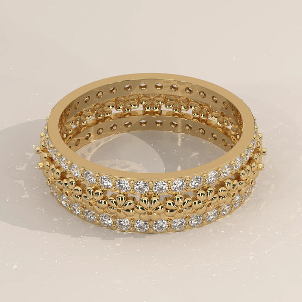 Three-Quarter View: Round Diamond Eternity Band with Eternity Setting in Yellow Gold – Lab Grown – Driona Jewels