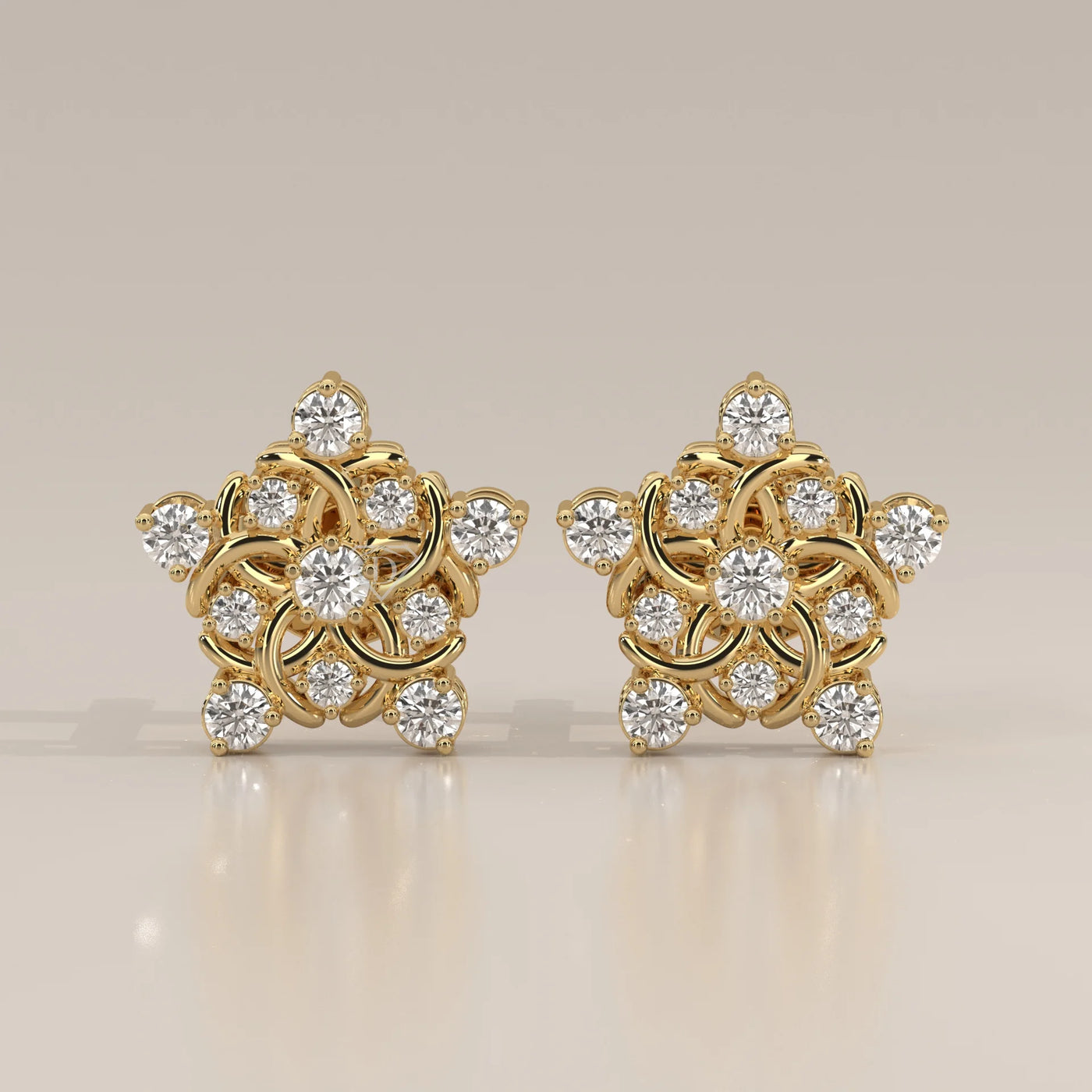 Front View: Round Diamond Stud Earrings with Cluster Setting in Yellow Gold – Lab Grown – Driona Jewels