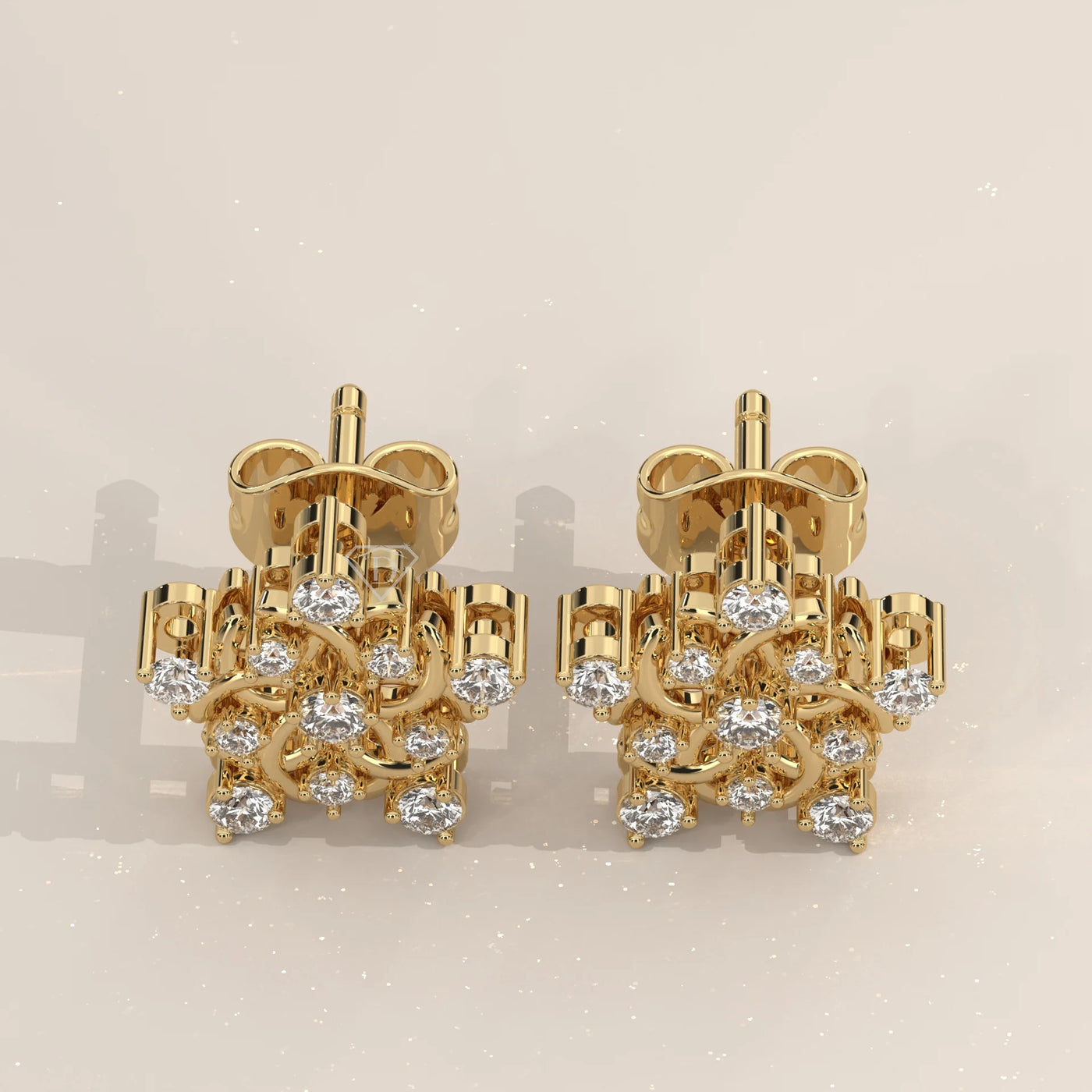 Pair Front View: Round Diamond Stud Earrings with Cluster Setting in Yellow Gold – Lab Grown – Driona Jewels