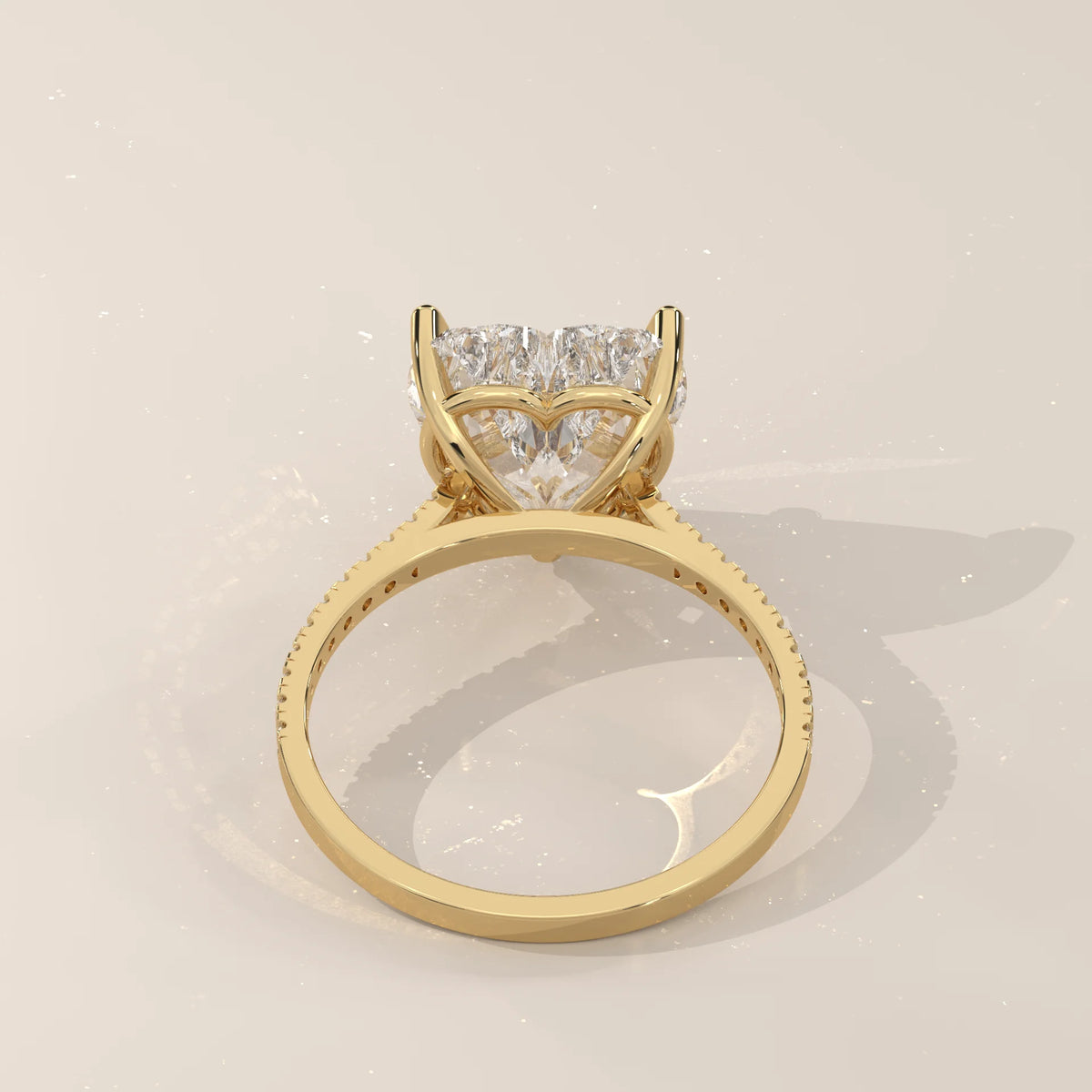 Floretta 5 Carat Heart Lab Grown Diamond Ring, Pave Band in yellow gold, shown on a plain background.