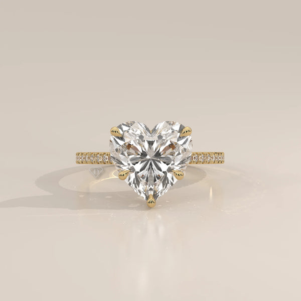 Floretta 5 Carat Heart Lab Grown Diamond Ring, Pave Band in yellow gold, photographed head-on.