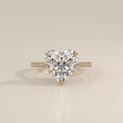 Floretta 5 Carat Heart Lab Grown Diamond Ring, Pave Band in yellow gold, photographed head-on.