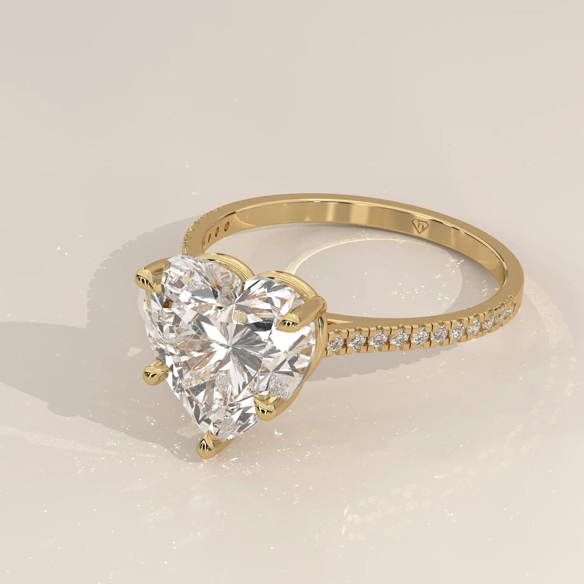 Floretta 5 Carat Heart Lab Grown Diamond Ring, Pave Band in yellow gold, shown from the side.