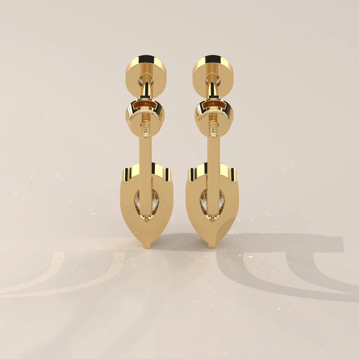 Front Back Lab Grown Diamond Earrings with Bezel Round and Pear Drop in yellow gold, front view on a plain background.