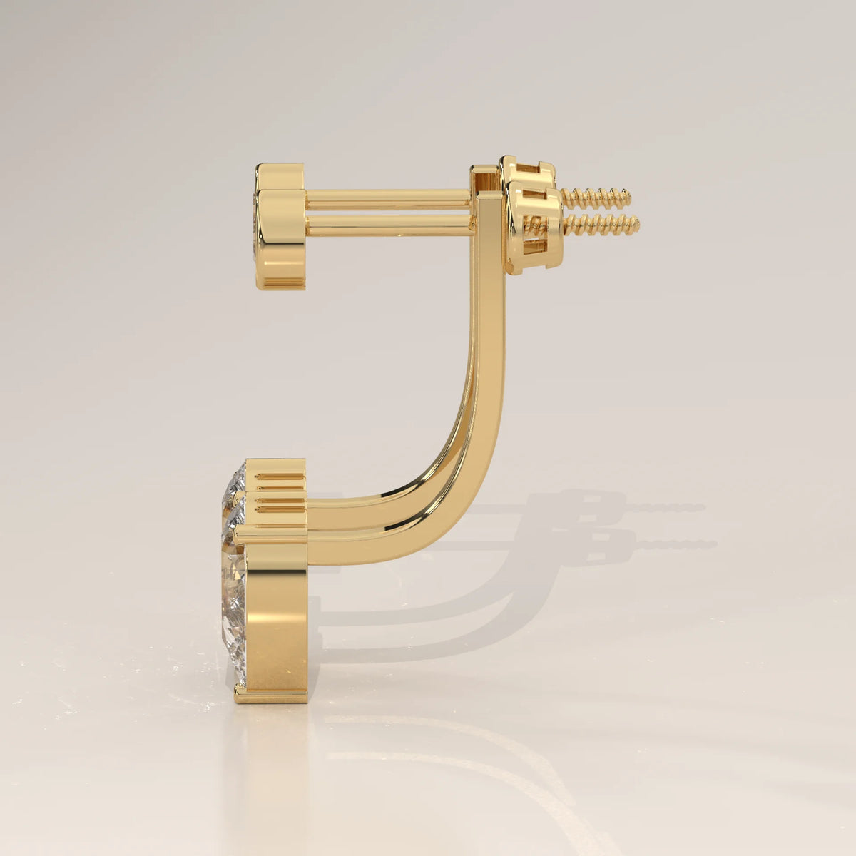 Front Back Lab Grown Diamond Earrings with Bezel Round and Pear Drop in yellow gold, studio photograph on a plain background.