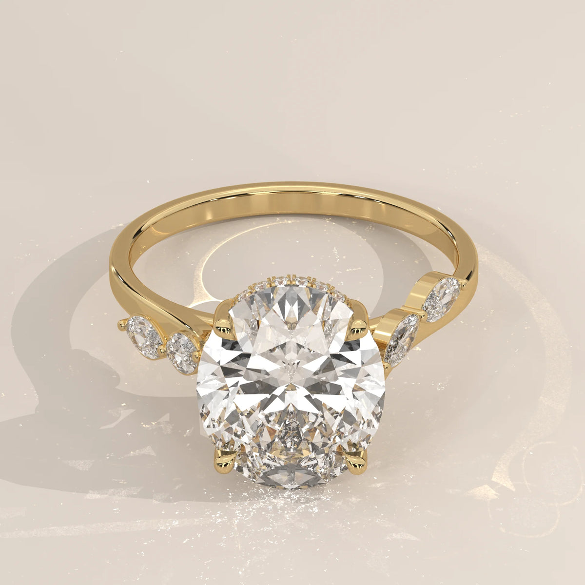 Fyolly 5 Carat Oval Lab Grown Diamond Ring, Scattered Marquise in yellow gold, shown from the front.