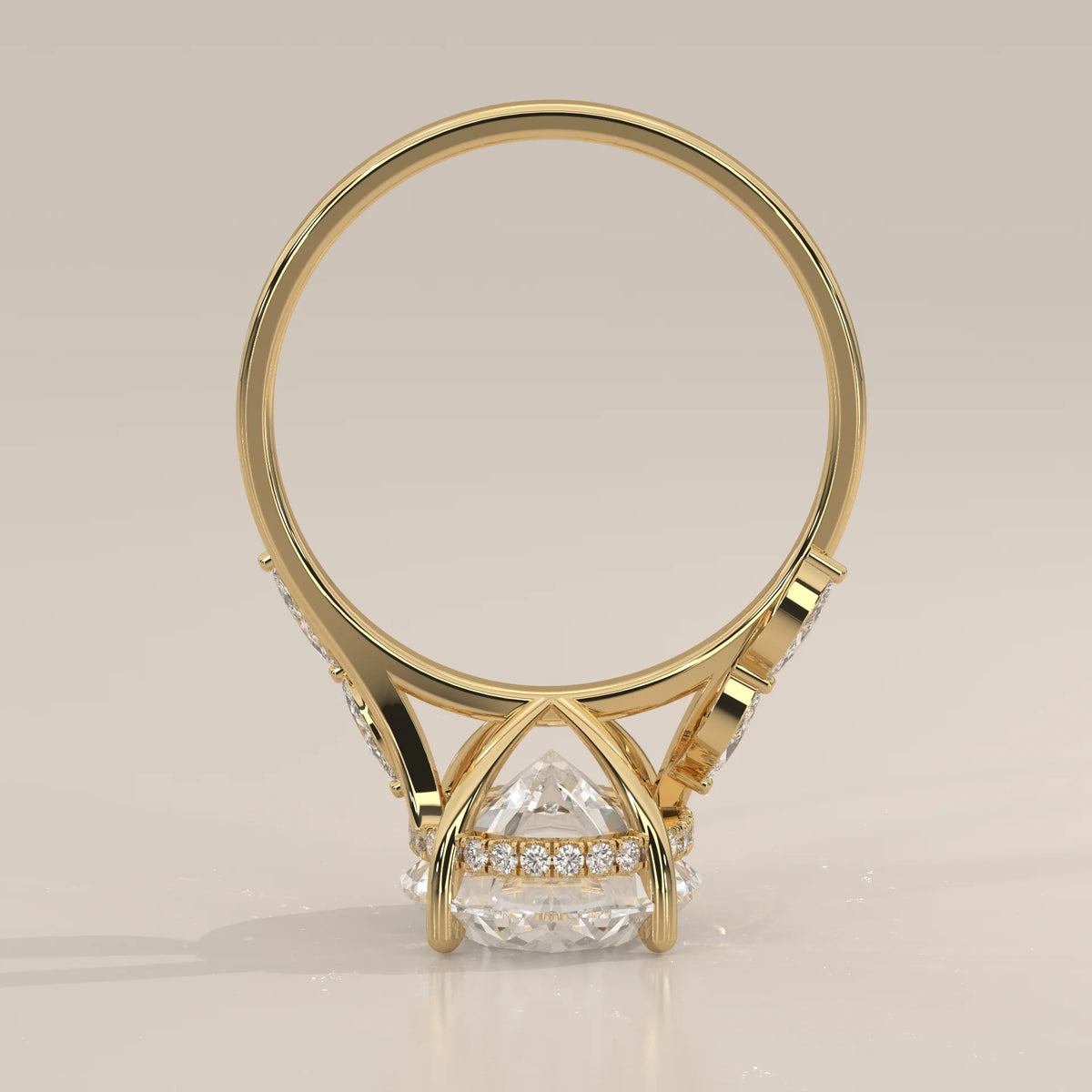 Fyolly 5 Carat Oval Lab Grown Diamond Ring, Scattered Marquise in yellow gold, photographed from the side.