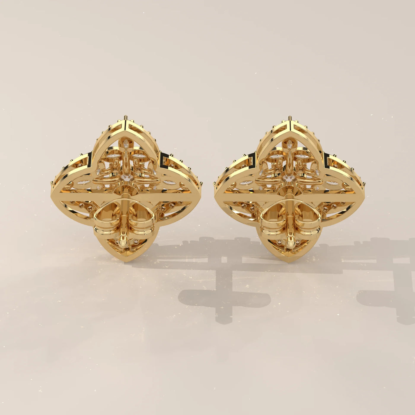 Back View: Marquise and Round Diamond Cluster Stud Earrings in Clover Frame, Yellow Gold – Lab Grown – Driona Jewels