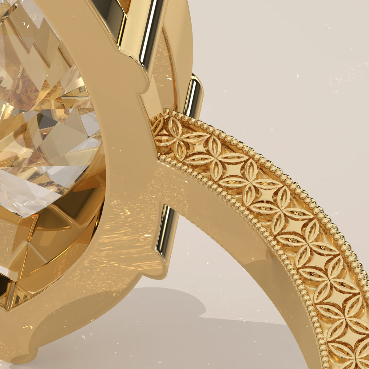 Ginnie 5 Carat Marquise Lab Grown Diamond Ring, Engraved Floral Band in yellow gold, studio photograph on a plain background.