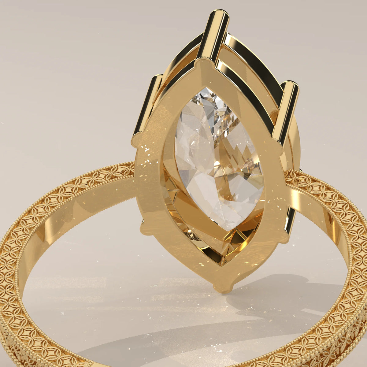 Ginnie 5 Carat Marquise Lab Grown Diamond Ring, Engraved Floral Band in yellow gold, front view on a plain background.