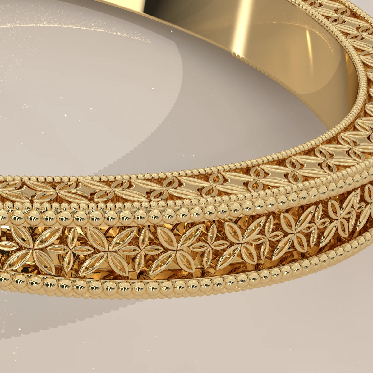 Ginnie 5 Carat Marquise Lab Grown Diamond Ring, Engraved Floral Band in yellow gold, product photograph on a plain background.
