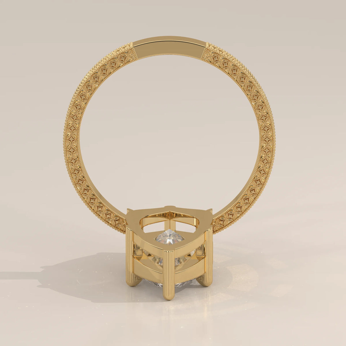 Ginnie 5 Carat Marquise Lab Grown Diamond Ring, Engraved Floral Band in yellow gold, photographed from the side.