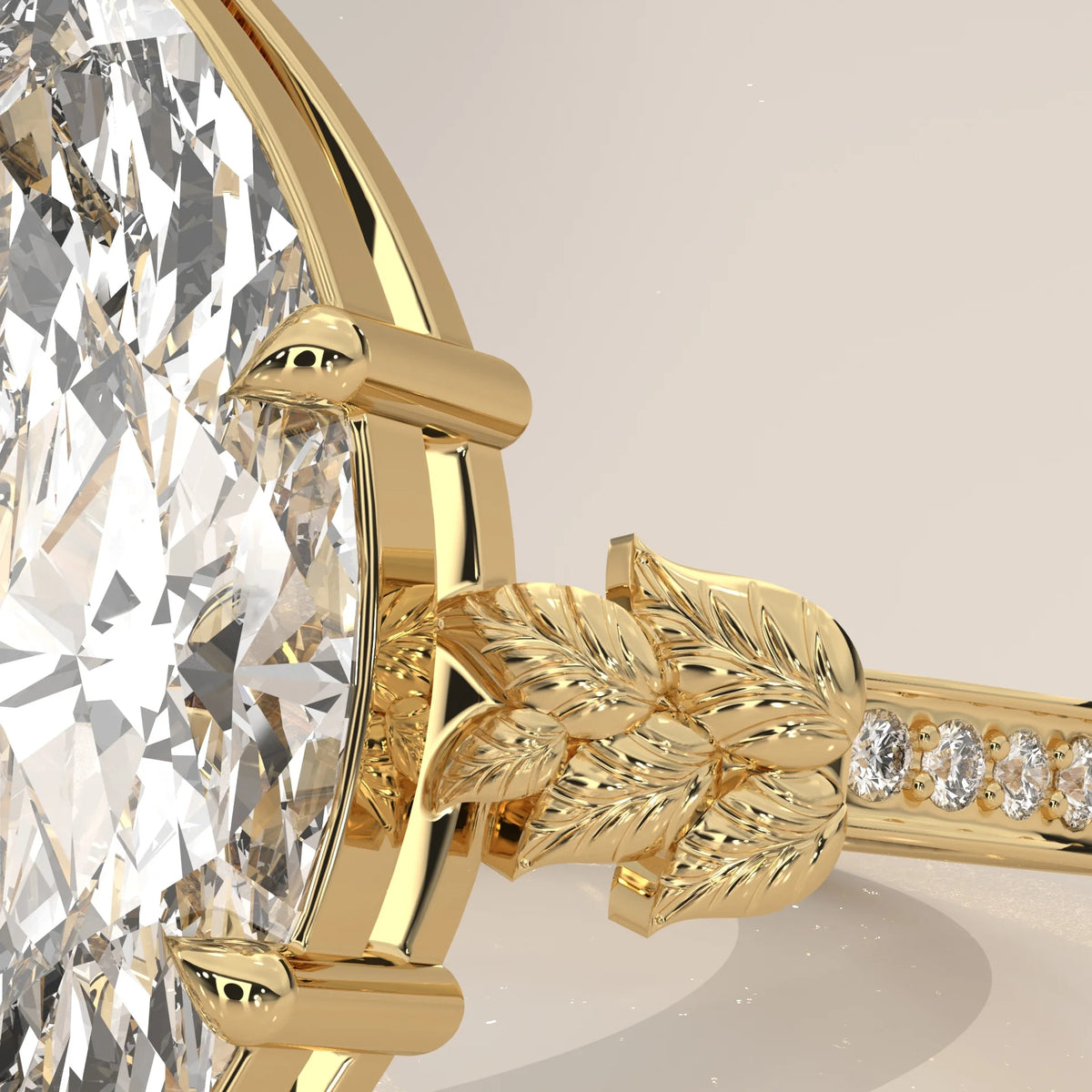 Gronie 5 Carat Marquise Lab Grown Diamond Ring, Carved Leaf Shoulders in yellow gold, close-up of the carved leaf shoulder and pave band.