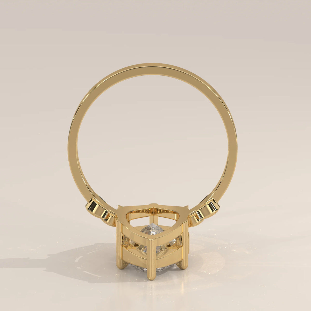 Gronie 5 Carat Marquise Lab Grown Diamond Ring, Carved Leaf Shoulders in yellow gold, side profile view.