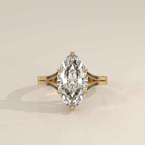 Hage 5 Carat Marquise Lab Grown Diamond Solitaire, Split Shank in yellow gold, photographed head-on.