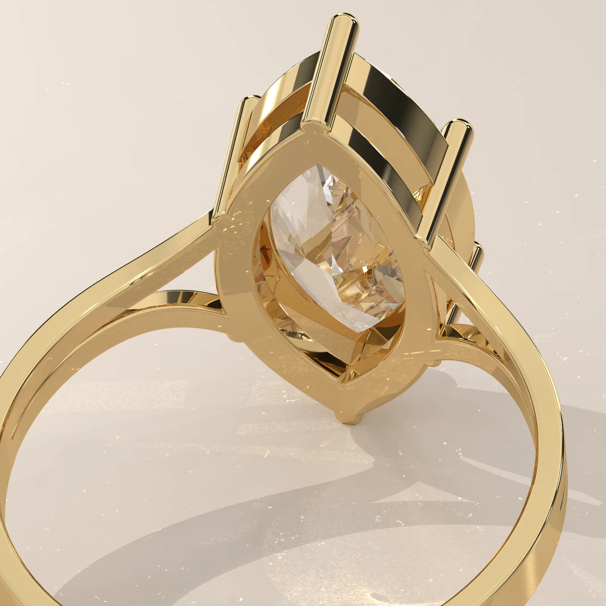 Hage 5 Carat Marquise Lab Grown Diamond Solitaire, Split Shank in yellow gold, photographed from the side.