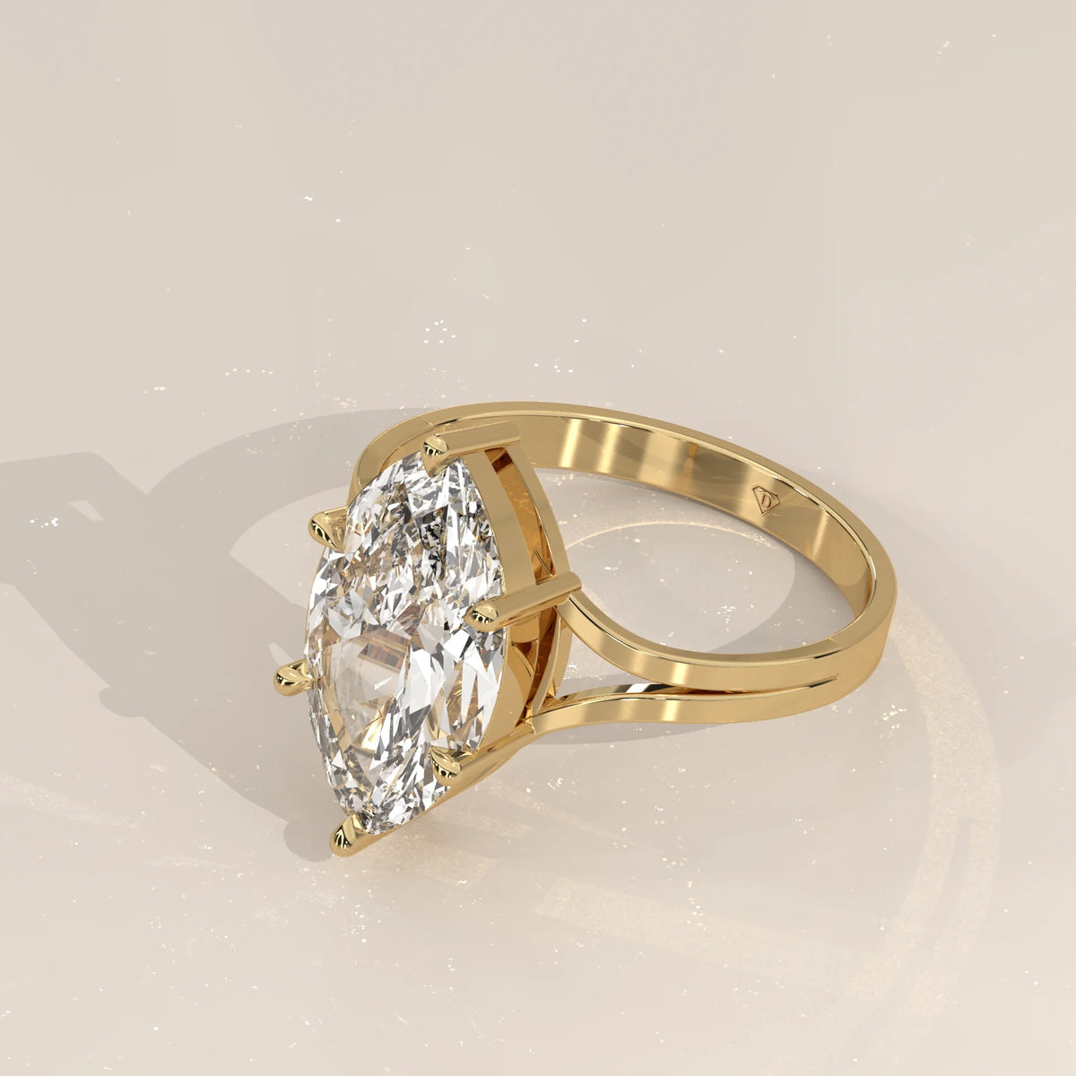 Hage 5 Carat Marquise Lab Grown Diamond Solitaire, Split Shank in yellow gold, shown from the side.