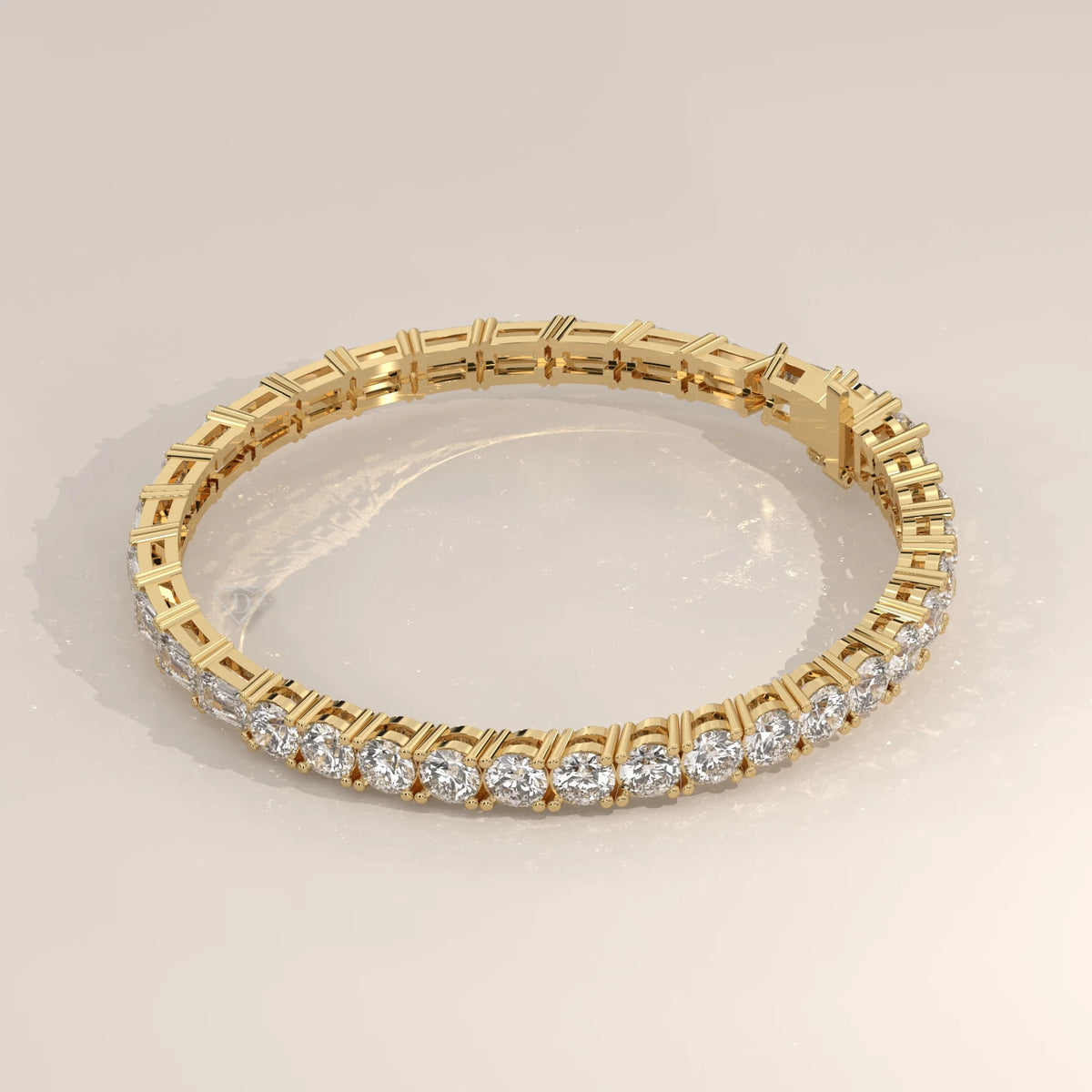 Half Round Half Emerald Cut Lab Grown Diamond Tennis Bracelet in yellow gold, shown at an angle.